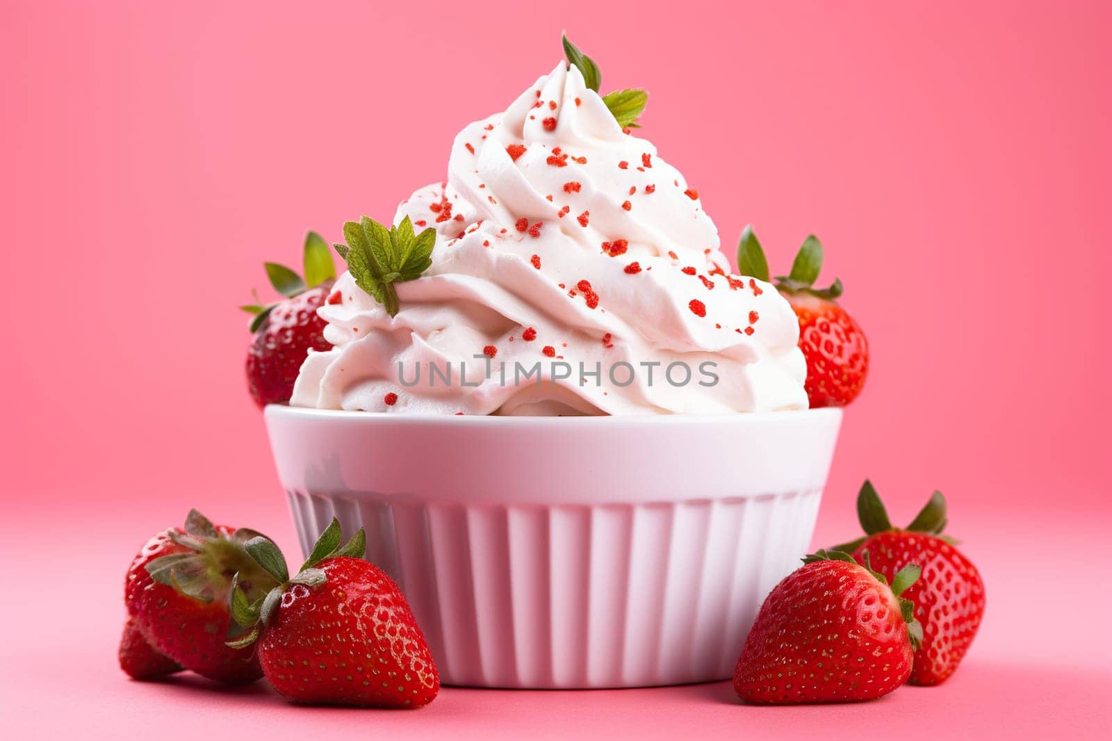 Whipped cream, yogurt in a bowl with ripe strawberries on a pink background.