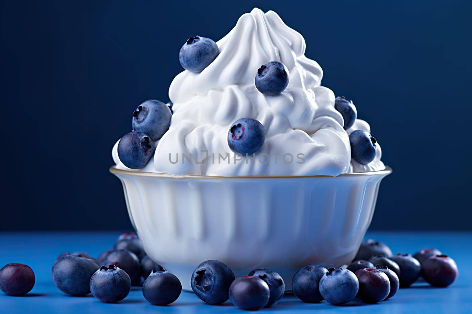 Bowl with whipped cream and blueberries on a blue background.