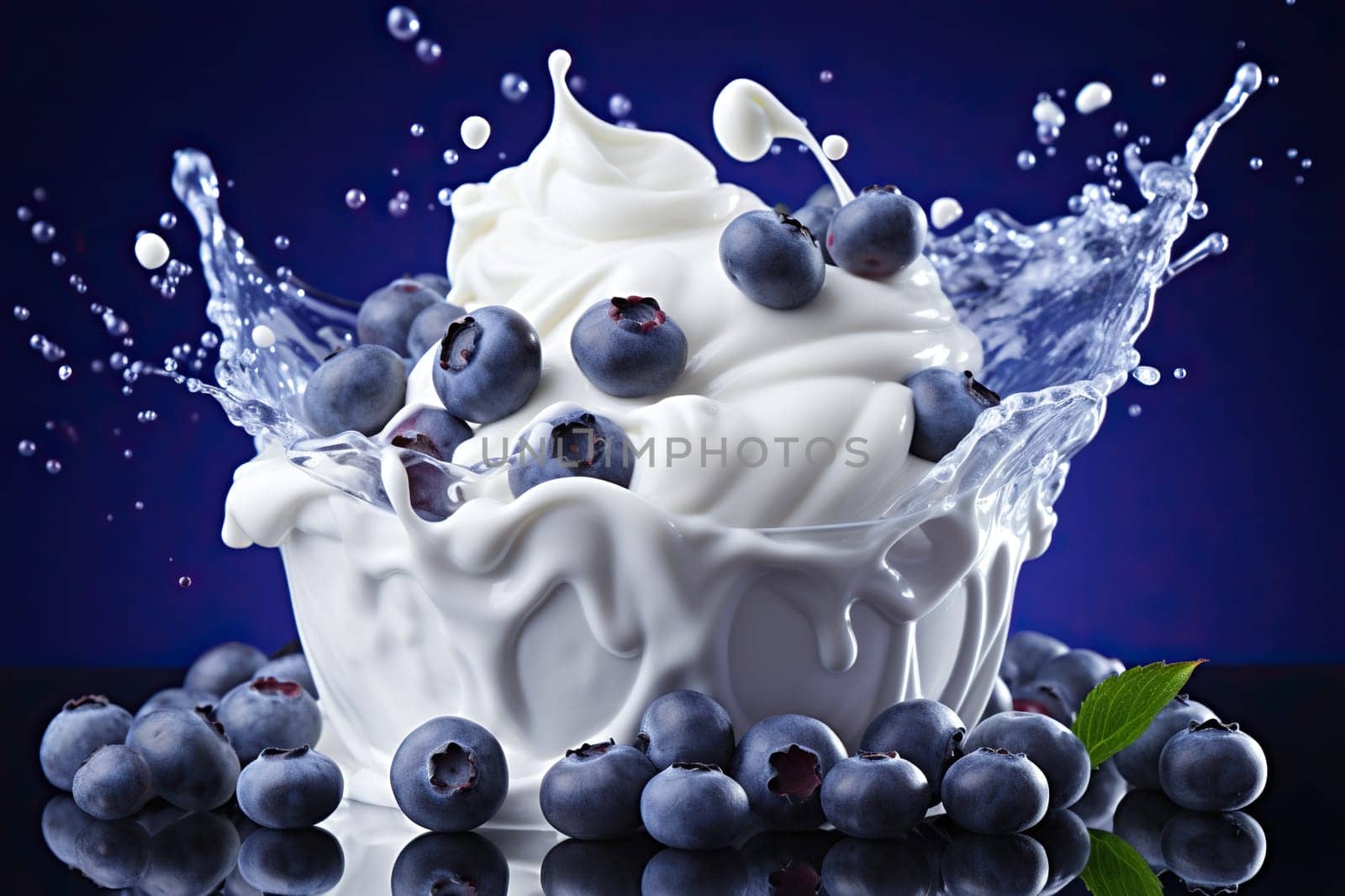 A splash of milk with ripe blueberries.