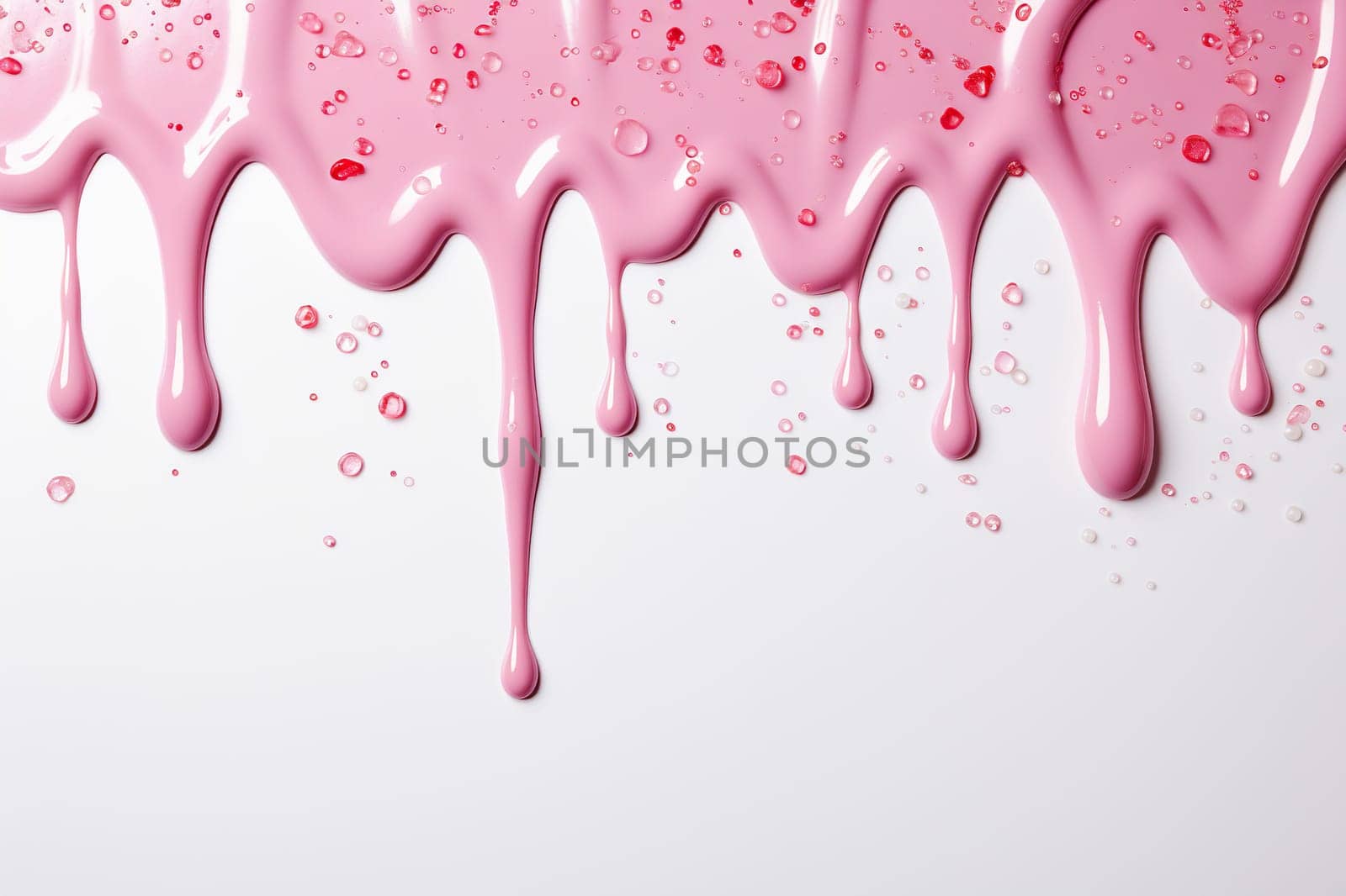 Pink confectionery glaze flows down on a white background.