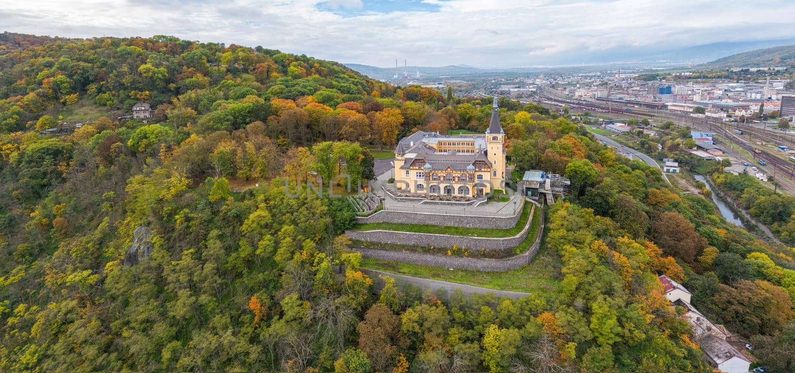 Vetruse lookout point and hotel over Usti nad Labem city In autumn it is cloudy during the day