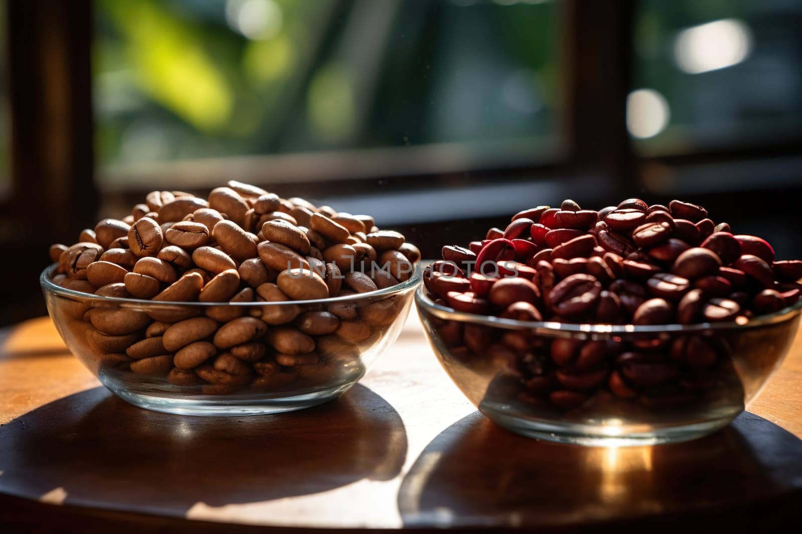 Bowls with different types of coffee on the table.