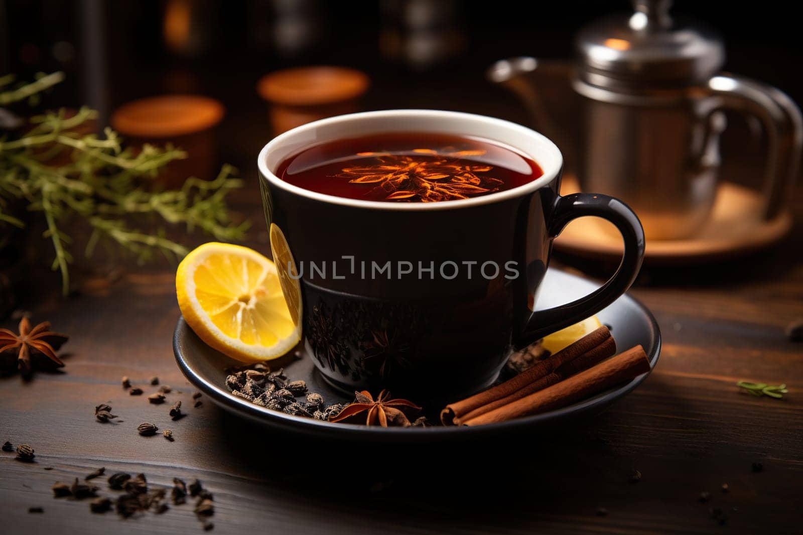 A cup of tea with citruses and spices.