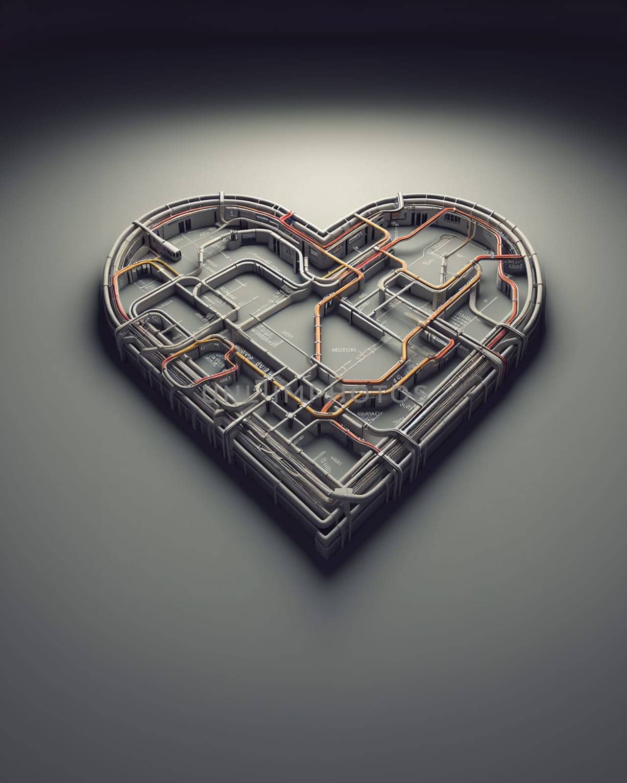 engineered heart shaped pipe system steampunk love concept isolated illustration 3d render by verbano