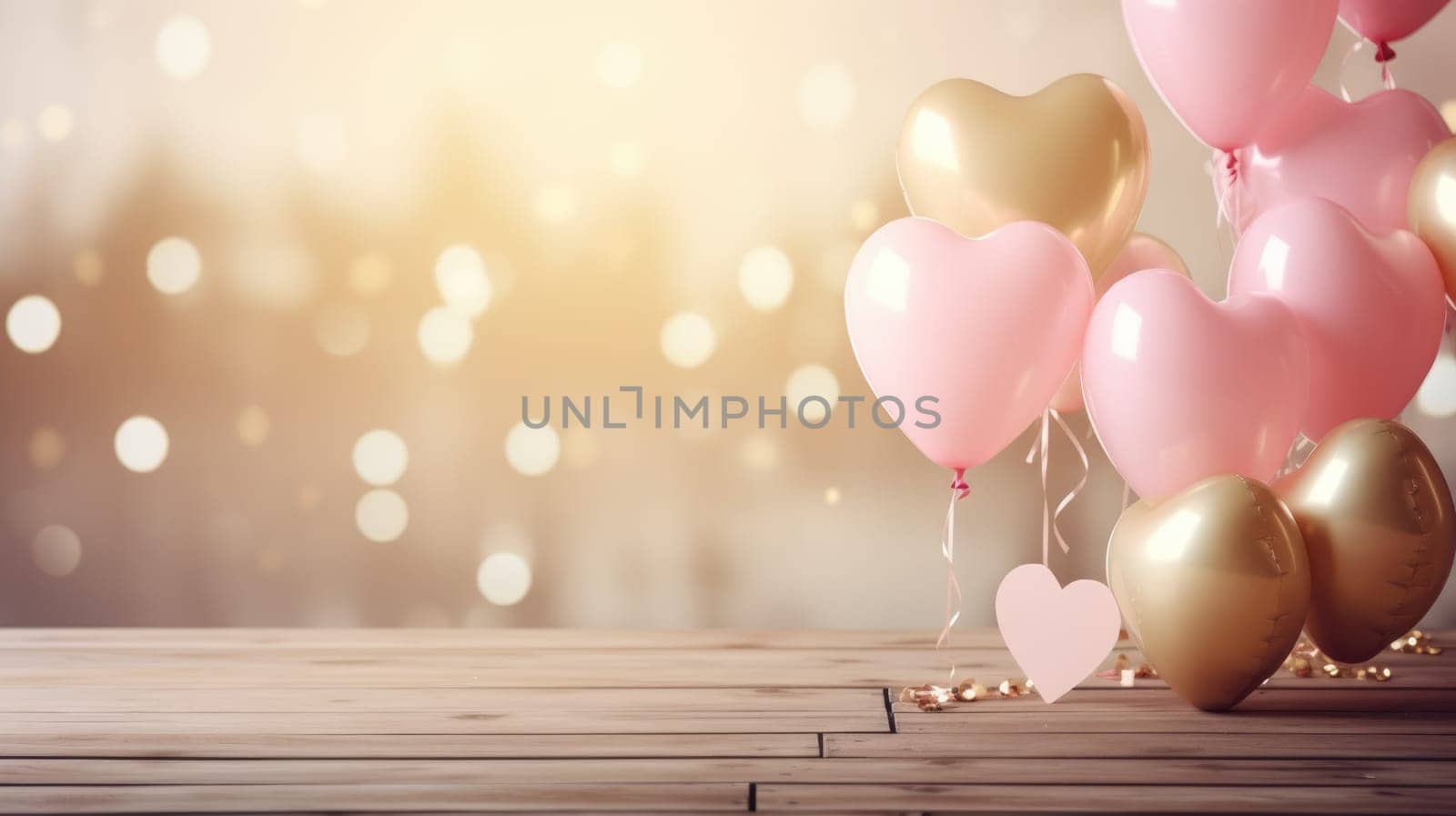 White wooden table in foreground. Blurred background with pink and gold heart-shaped balloons AI