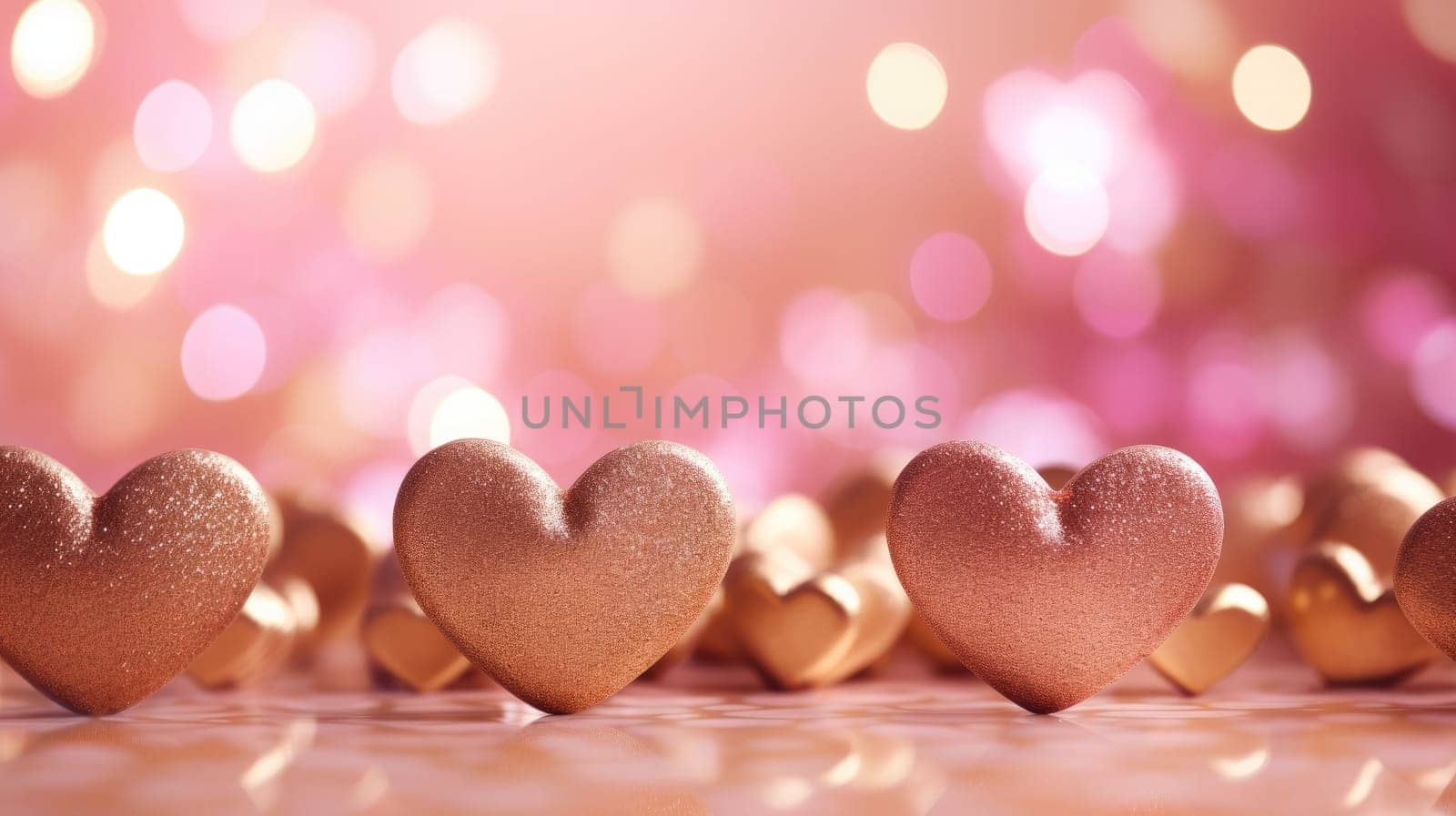 Golden hearts on a pink background. Happy Valentine Day wedding. Bokeh lights AI