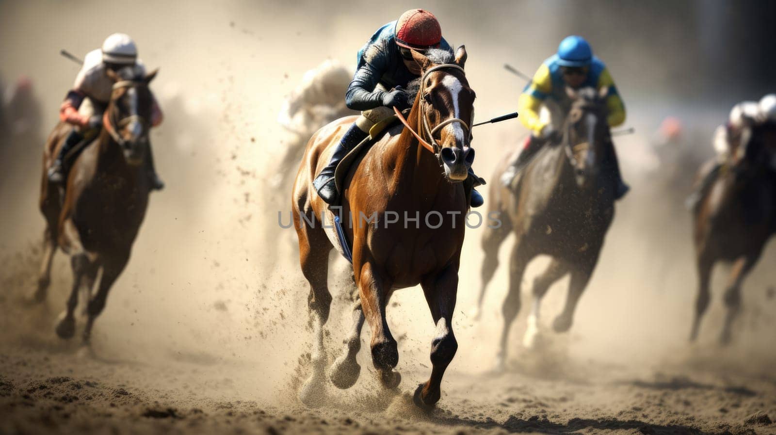 Horse racing at the hippodrome. Sand scatters under the hooves AI