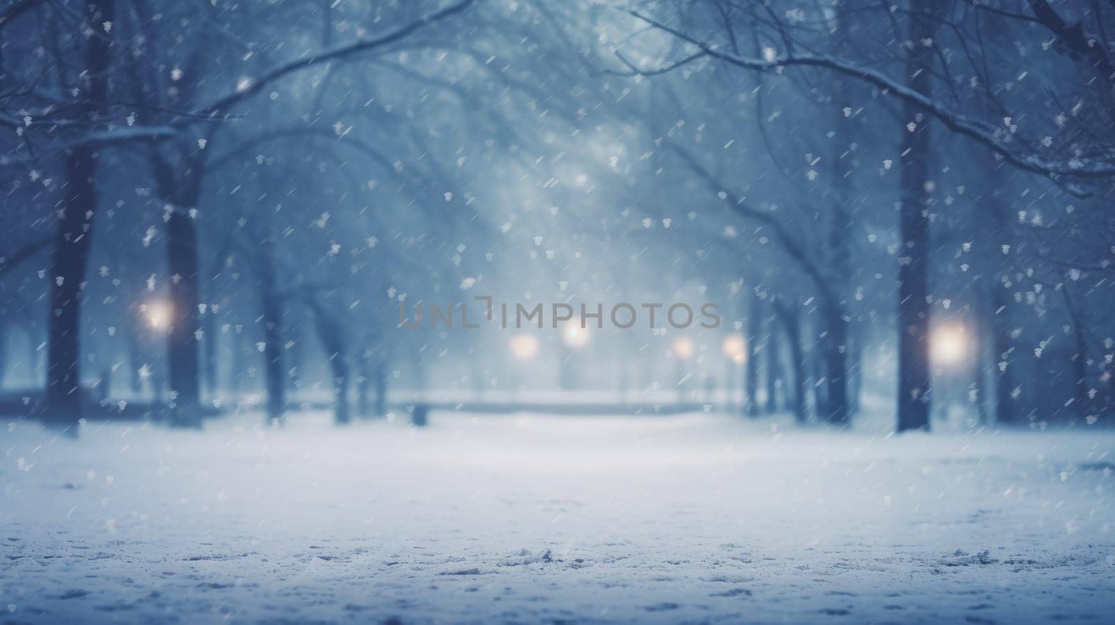 Winter nature snowfall background with copy space. Blurred winter forest AI