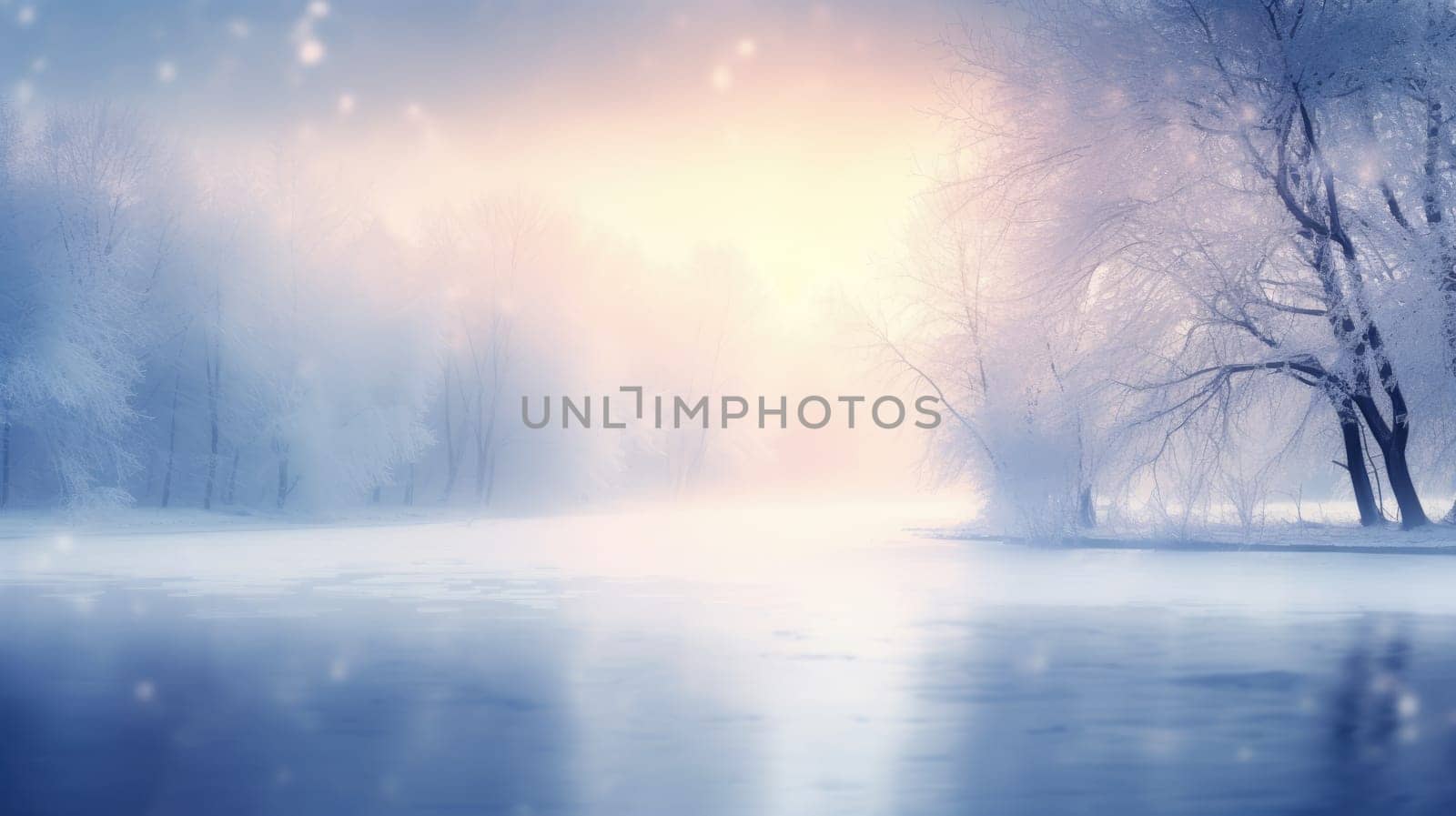 Winter nature snowfall background with copy space. Blurred winter forest AI
