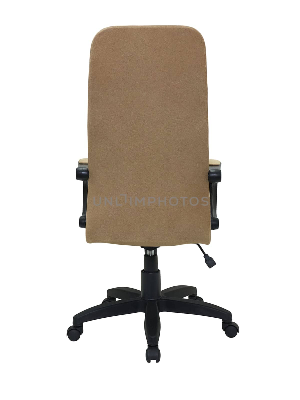 beige fabric armchair on wheels isolated on white background, back view. modern furniture in minimal style, interior, home design