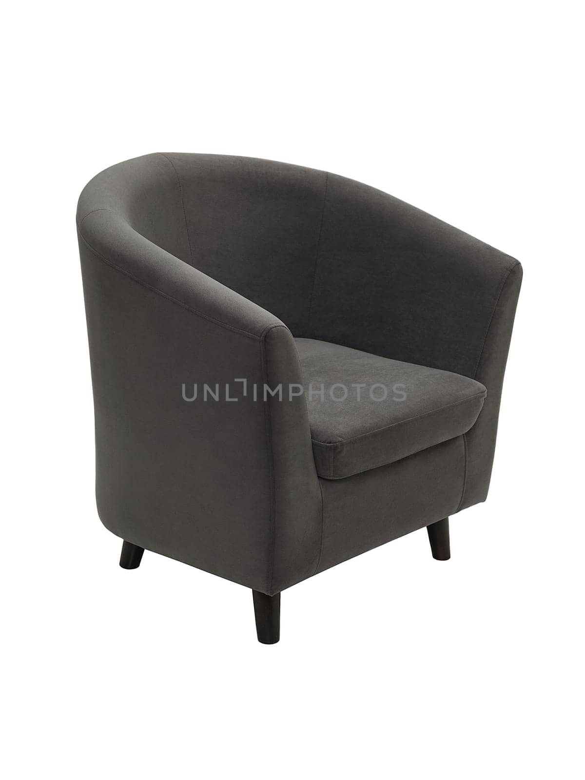 modern gray fabric armchair with wooden legs isolated on white background, side view.