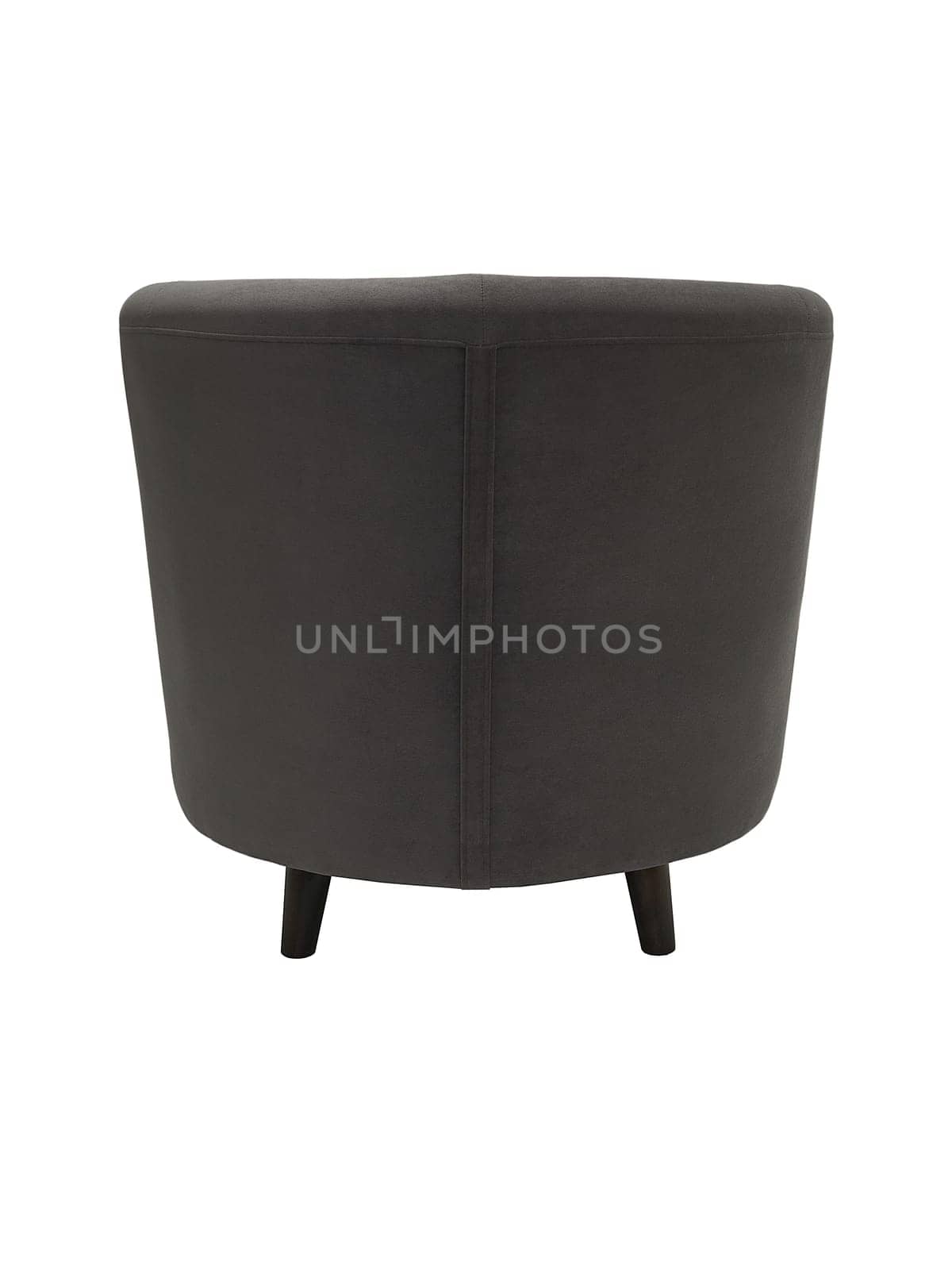 modern gray fabric armchair with wooden legs isolated on white background, back view.