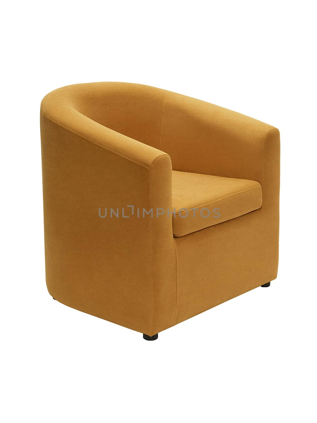 modern orange fabric armchair with small legs isolated on white background, side view.
