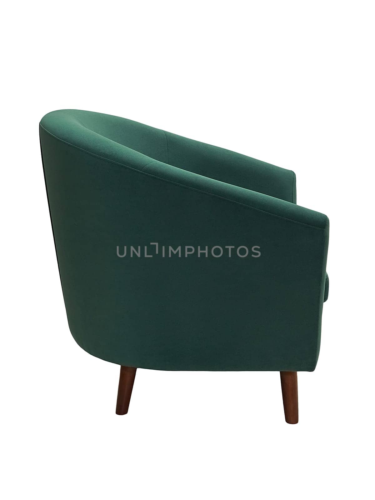 modern green fabric armchair with wooden legs isolated on white background, side view.