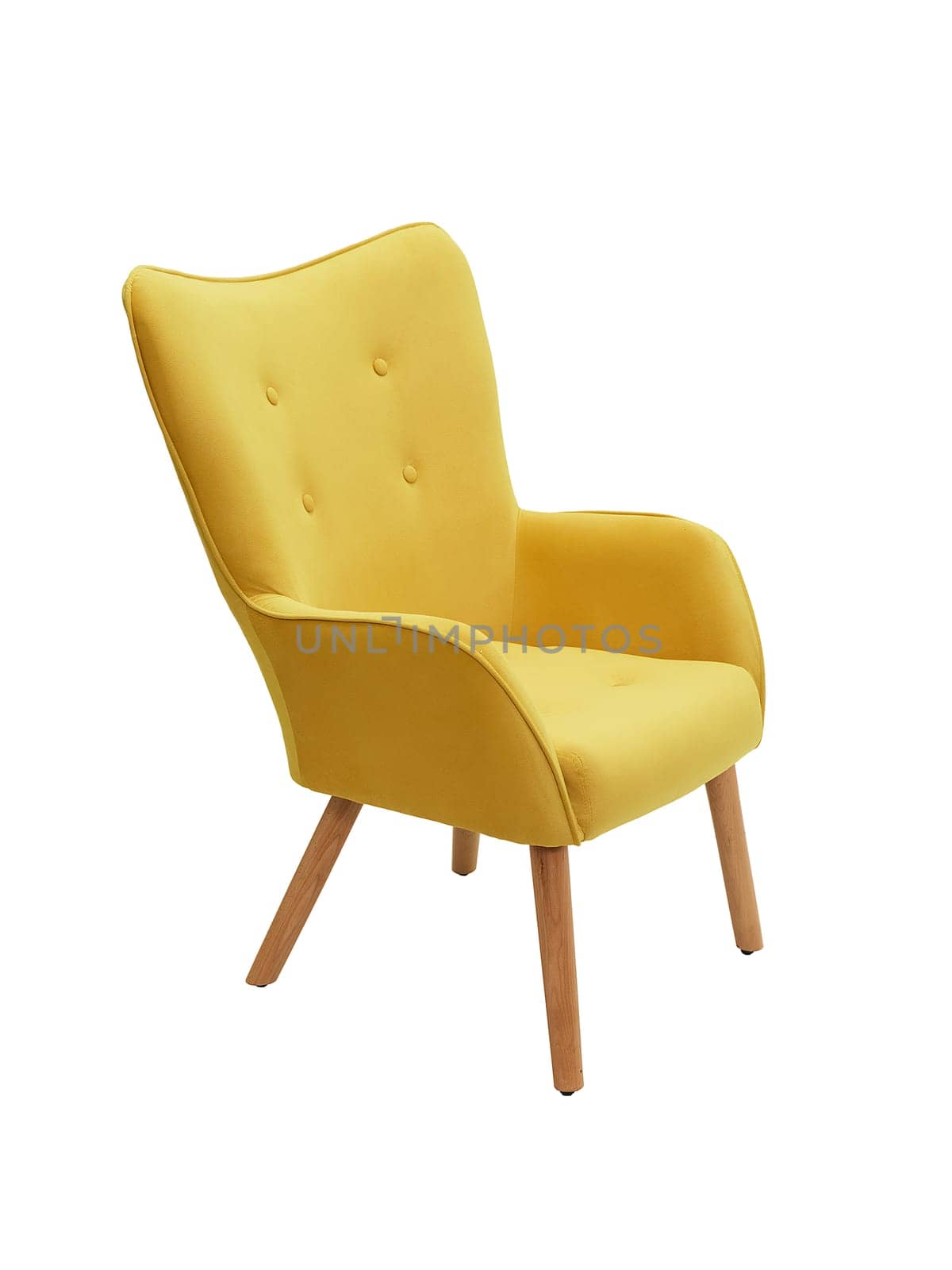 modern yellow fabric armchair with wooden legs isolated on white background, side view