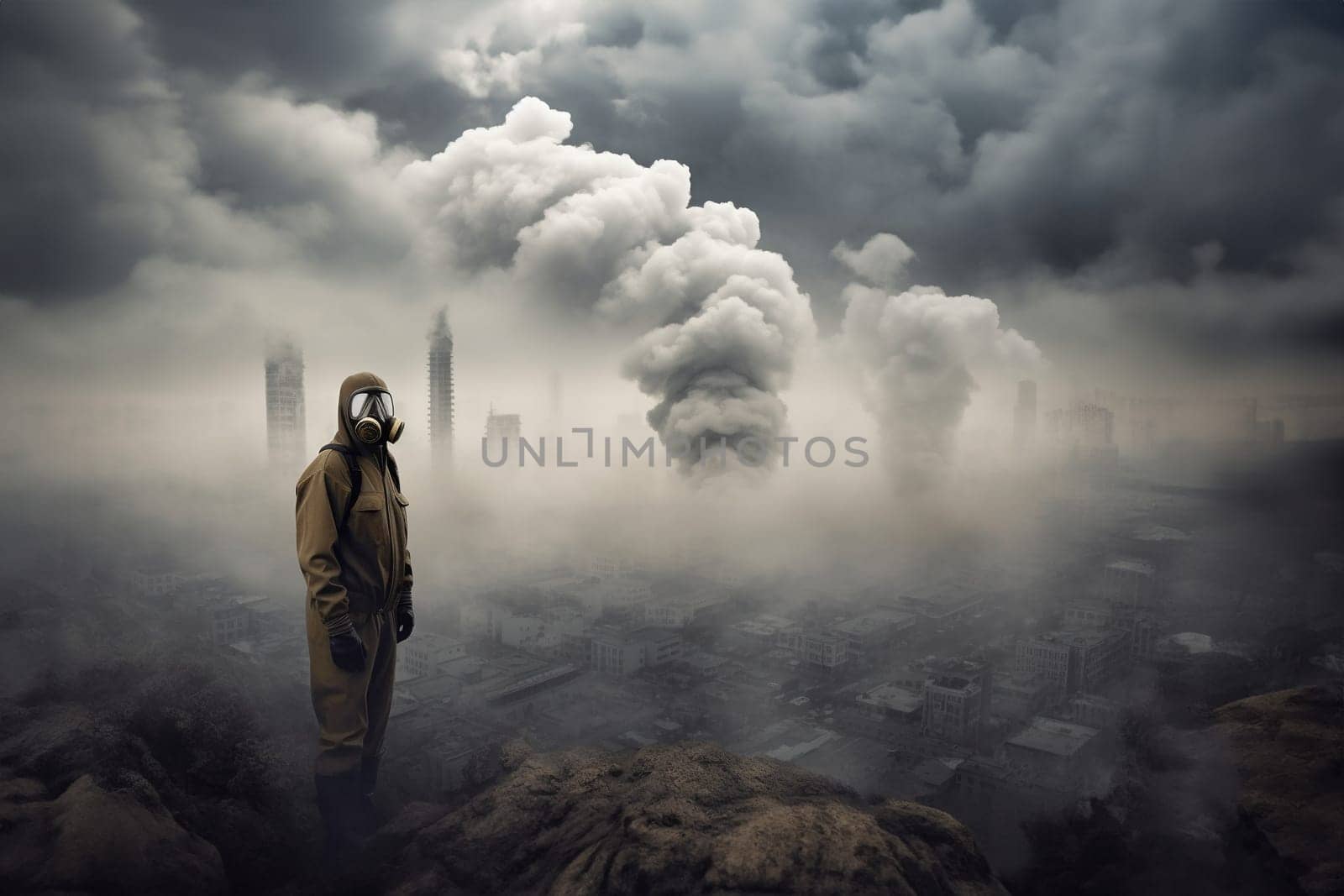 Human in the chemical protection suit, smog and emission from a modern city, concept of global world air pollution in the future, banner with copy space. Generative AI