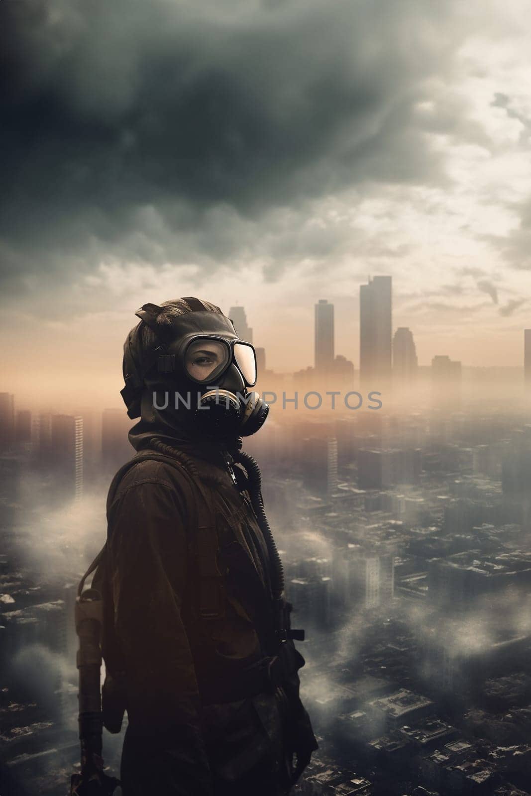 Human in the chemical protection suit, smog and emission from a modern city, concept of global world air pollution in the future, banner with copy space. Generative AI