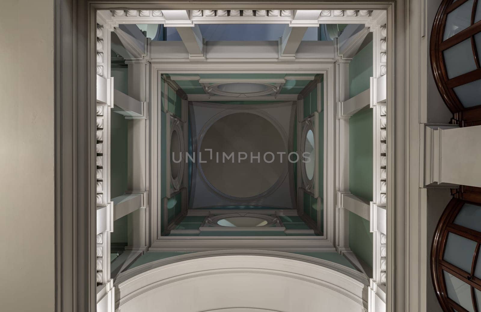 London,UK - Oct 27, 2023 - Look up The high ceiling inside main hall of Victoria and Albert Museum. Ceiling architecture design of Victoria and Albert Museum, Space for text, Selective focus.