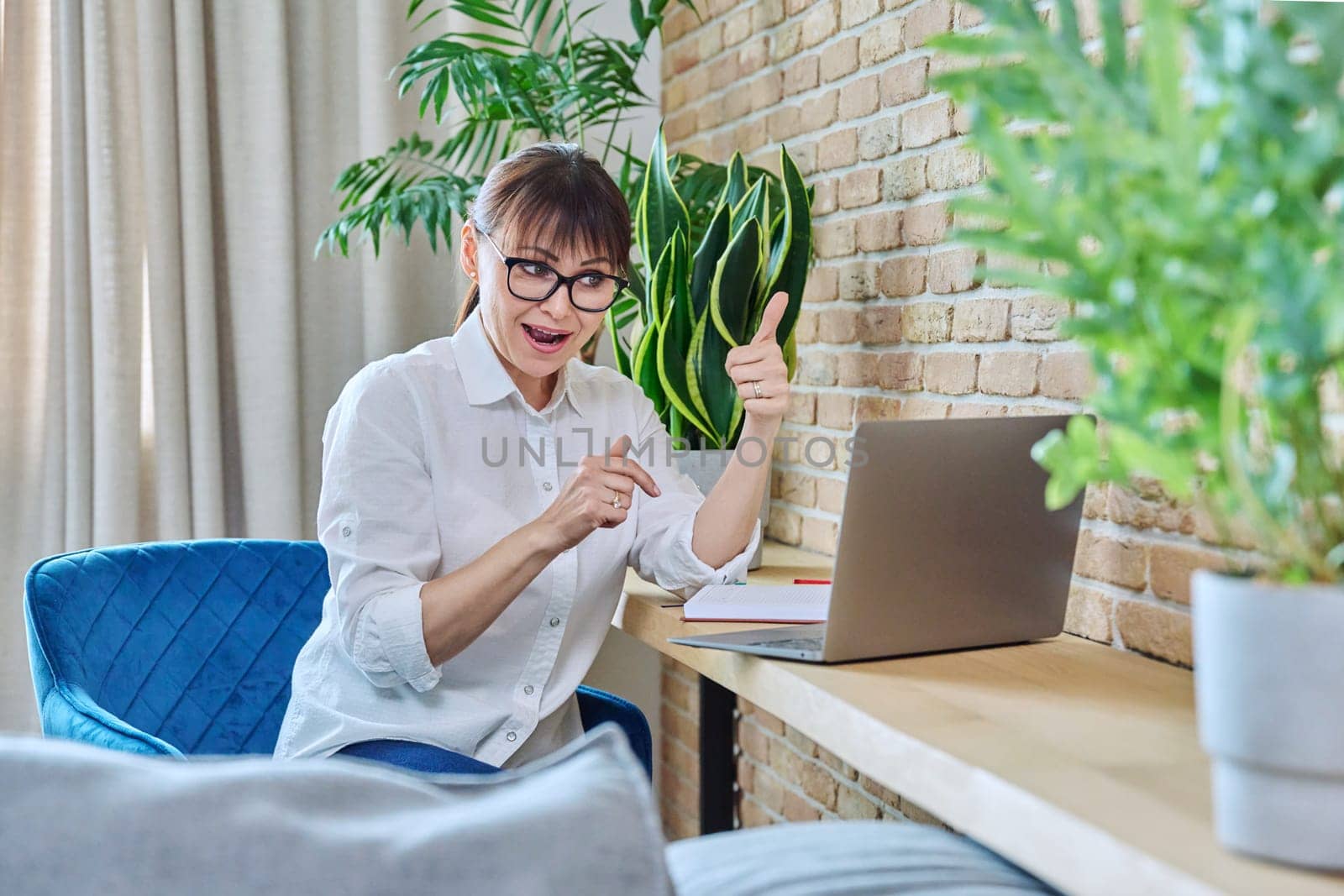 Middle aged woman having video call chat conference on laptop computer sitting in home office. Technology, remote work, freelancing, mature people concept