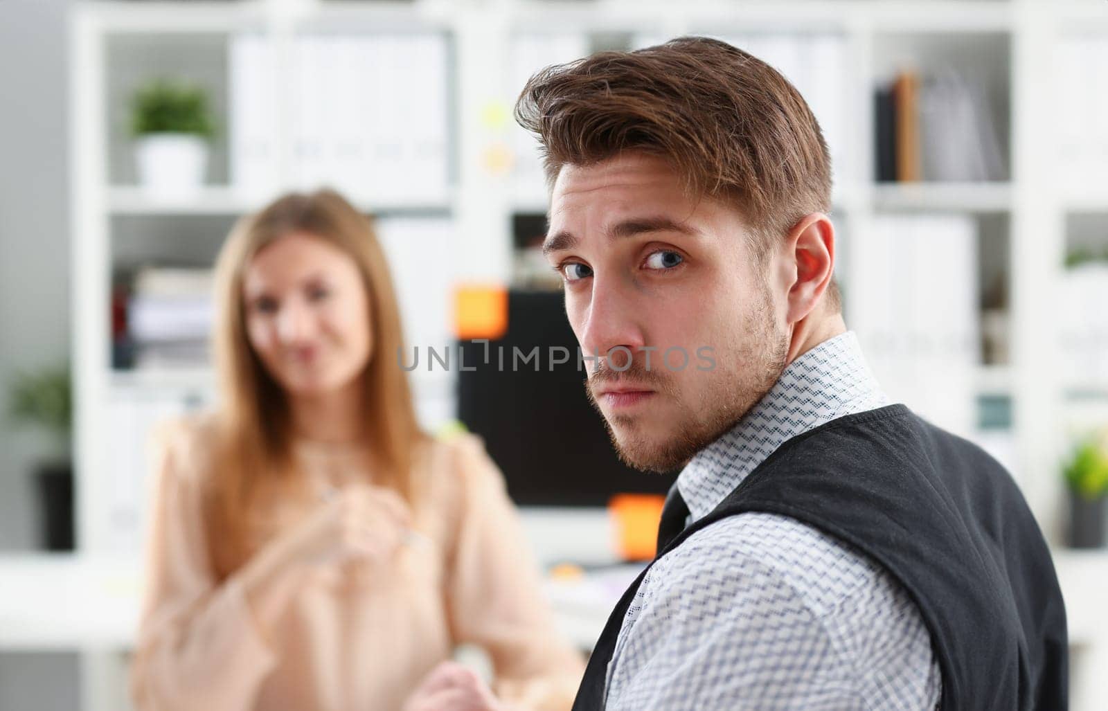 Handsome smiling businessman in suit portrait at workplace look in camera. White collar worker at workspace exchange market job offer certified public accountant internal Revenue officer concept