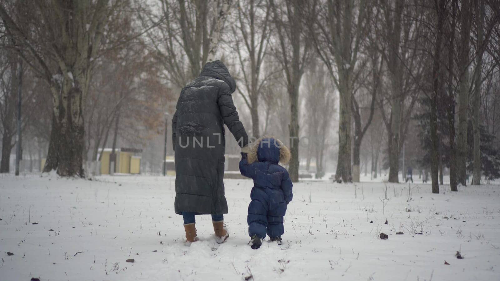Mom and son walk through a winter park holding hands. A woman and a child walk in the snow in nature. by Puzankov