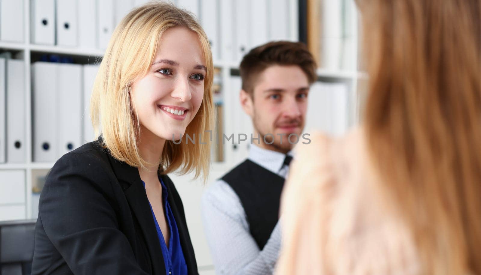 Group of people sit in office deliberate on problem portrait. White collar talk and listen idea discuss profit review sale market debate train lawyer document study finance adviser job concept