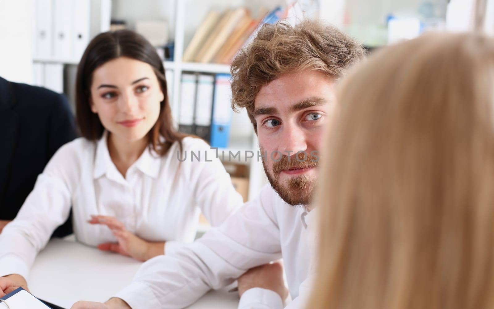 Group of people deliberate on white board problem in office closeup. Graph consult idea participate creative talk review situation job document explain council train successful decision concept