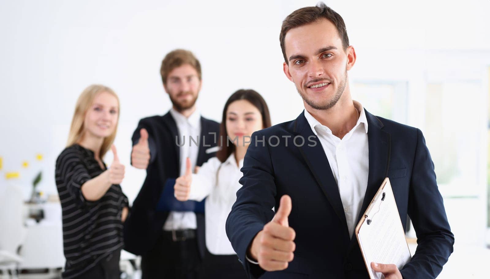 Group of people show ok or confirm with thumb up during conference closeup. High level quality product serious offer excellent education mediation solution creative advisor participation concept