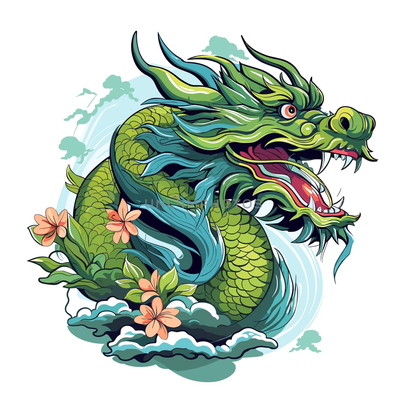 Green wooden Chinese dragon Symbol of 2024 in vector art style. Template for t-shirt, sticker, poster, etc.