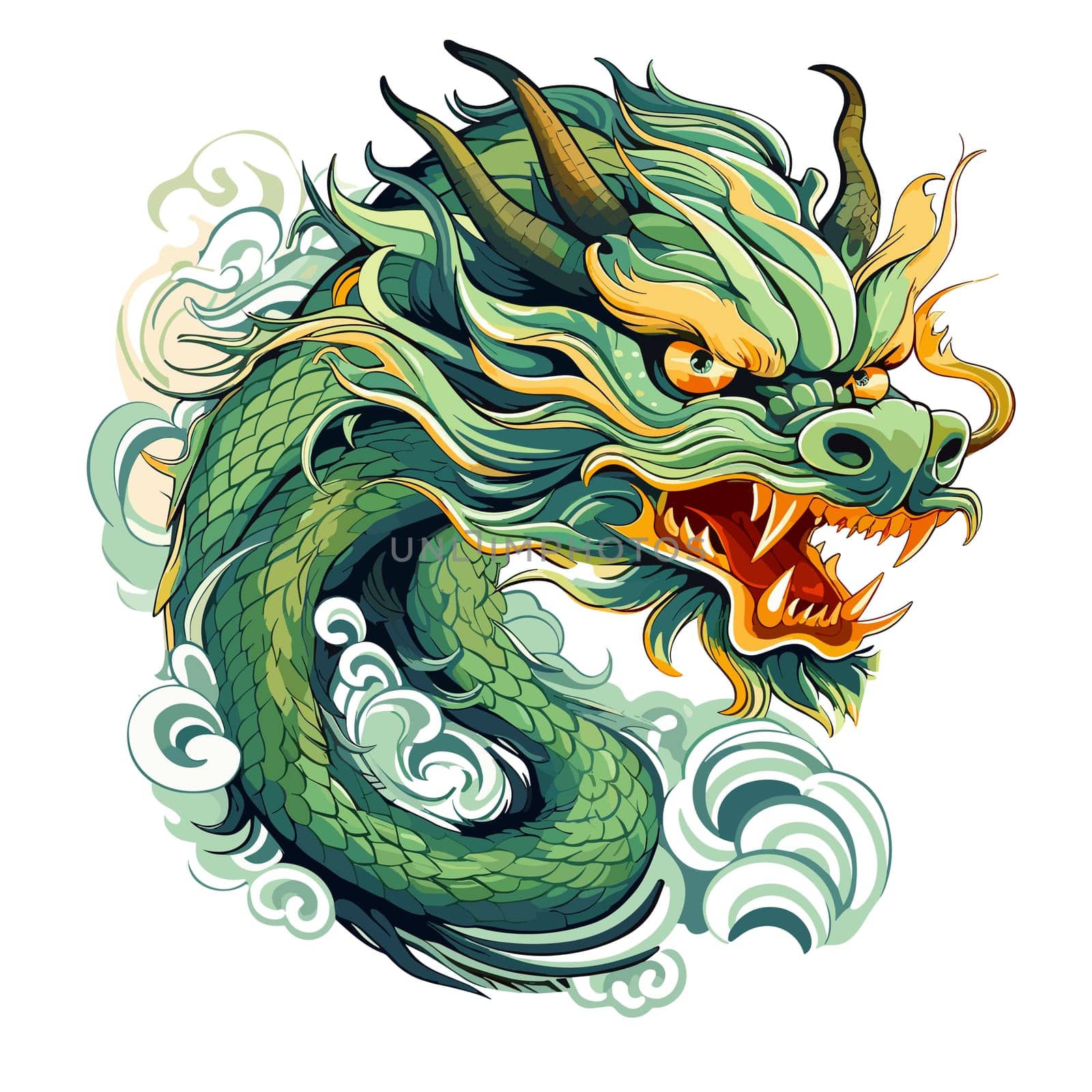 Green wooden Chinese dragon Symbol of 2024 in vector art style. Template for t-shirt, sticker, poster, etc.