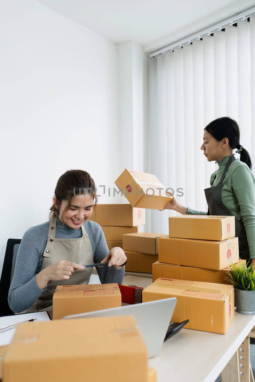 Young woman online business owner is preparing a parcel box to prepare the package for delivery to the customer by itchaznong