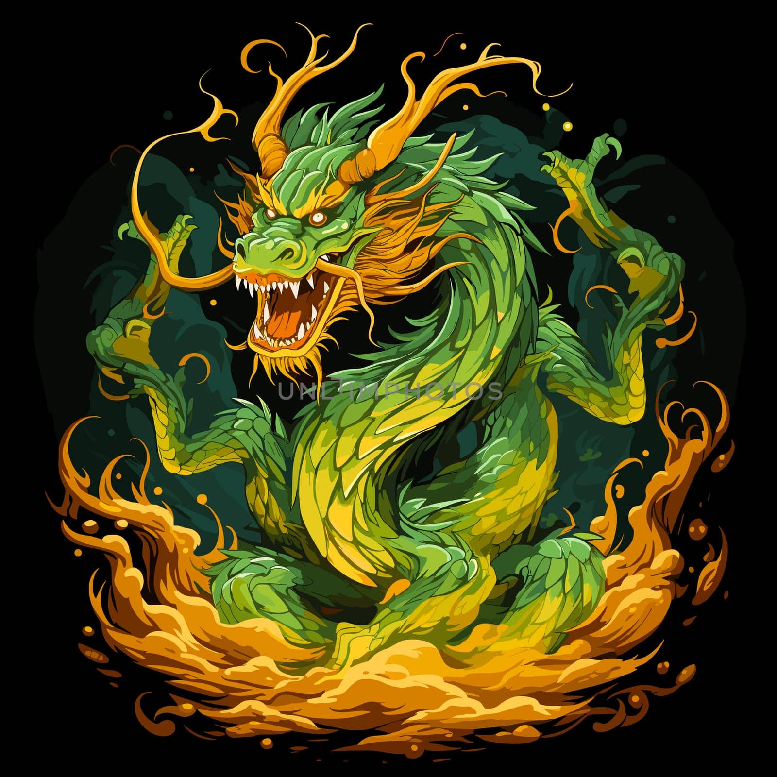 Green wooden Chinese dragon Symbol of 2024 in vector art style. Template for t-shirt, sticker, poster, etc.