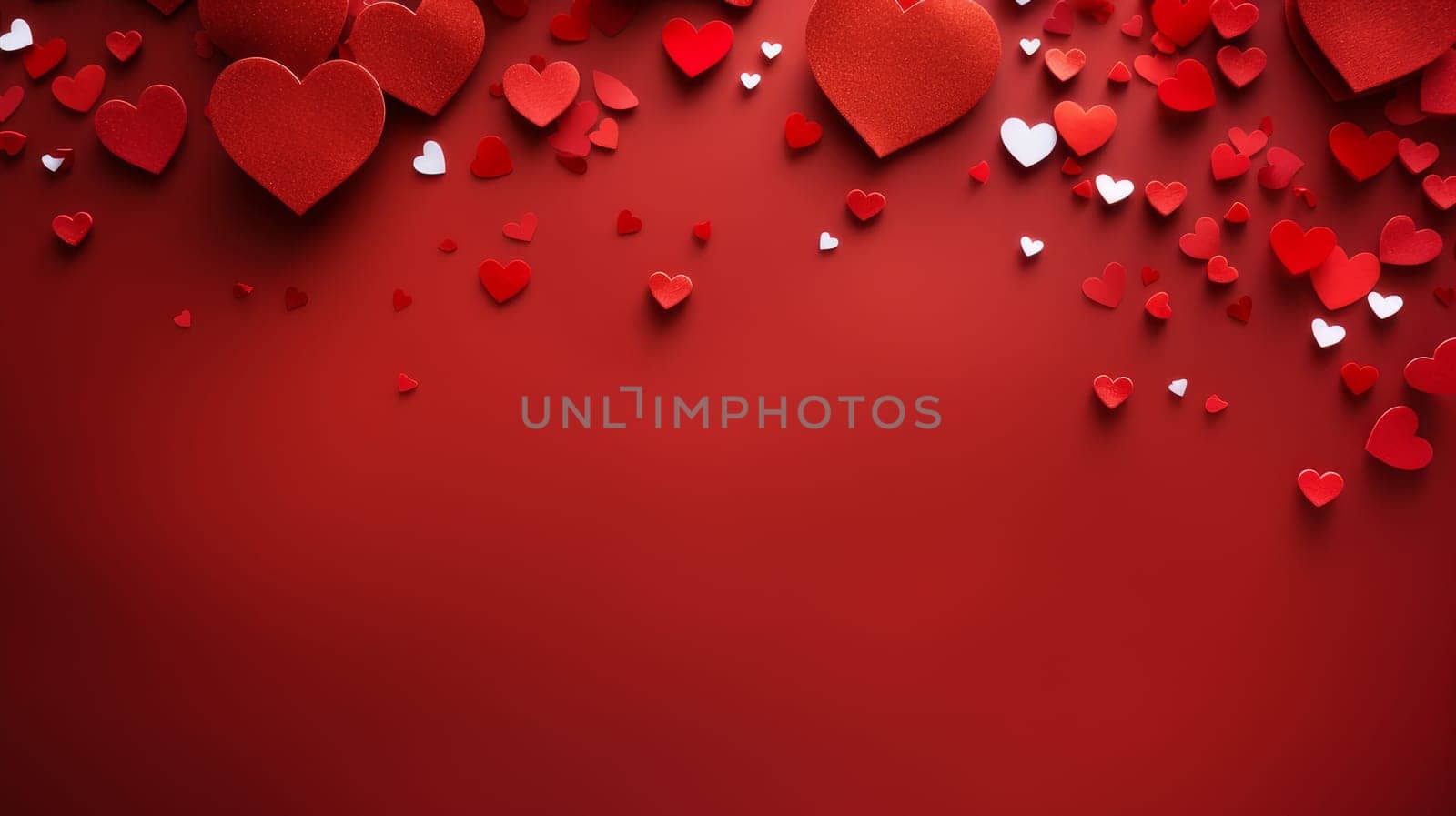 Red background with hearts and bokeh. Valentine's day, newlyweds, engagement, holiday, birthday, wedding, anniversary surprise date