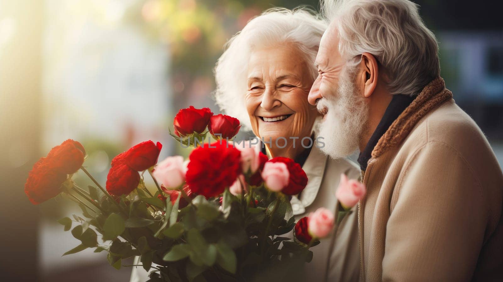 Gorgeous, happy, smiling, handsome, sweet, elderly couple. A gray-haired husband gives a large bouquet of red roses to his happy, laughing wife in the house near the window. by Alla_Yurtayeva