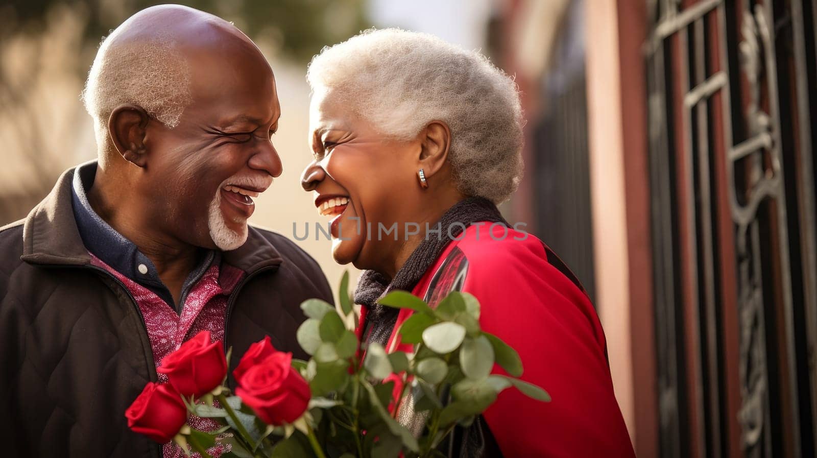 An elderly African man gives his wife a large bouquet of roses for Valentine's Day Valentine's day, newlyweds, engagement, holiday, birthday, wedding, anniversary, surprise, date.