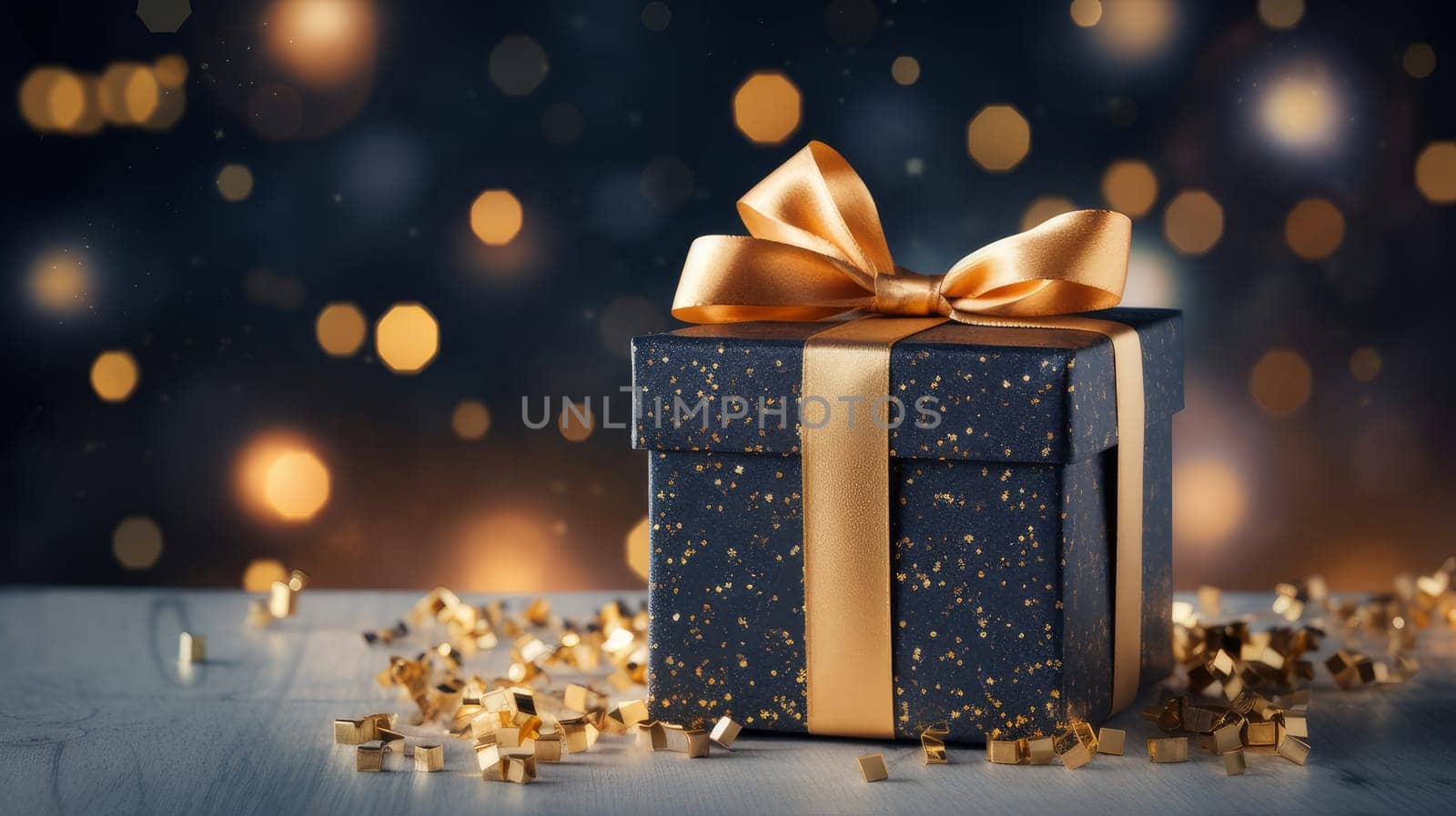 Luxury gift box on dark and gold background, bokeh light Valentine's day, newlyweds, engagement, holiday, birthday, wedding, anniversary, surprise, date.