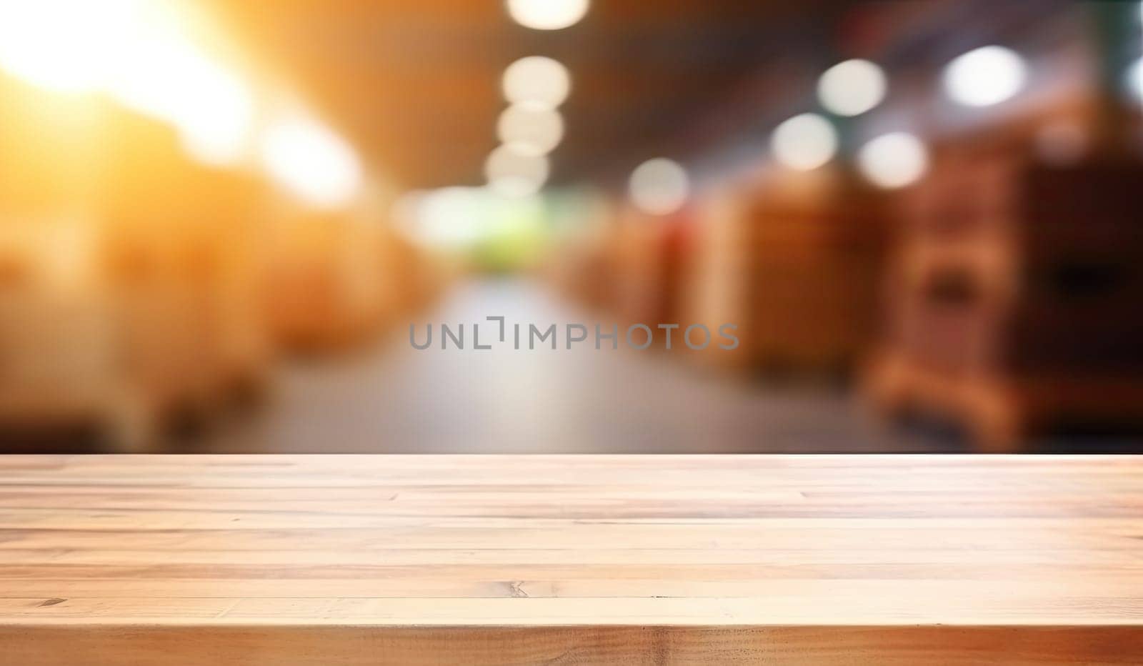 a wooden table top with a blur background of lights in the background of the table and the table top is made of wood and has a wooden surface with a. generative ai by wichayada