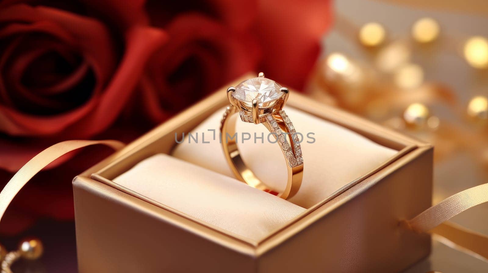 Jewelry, gold, chic diamond ring in a gift box for Valentine's Day, engagement, birthday, holiday, bought in a store. by Alla_Yurtayeva