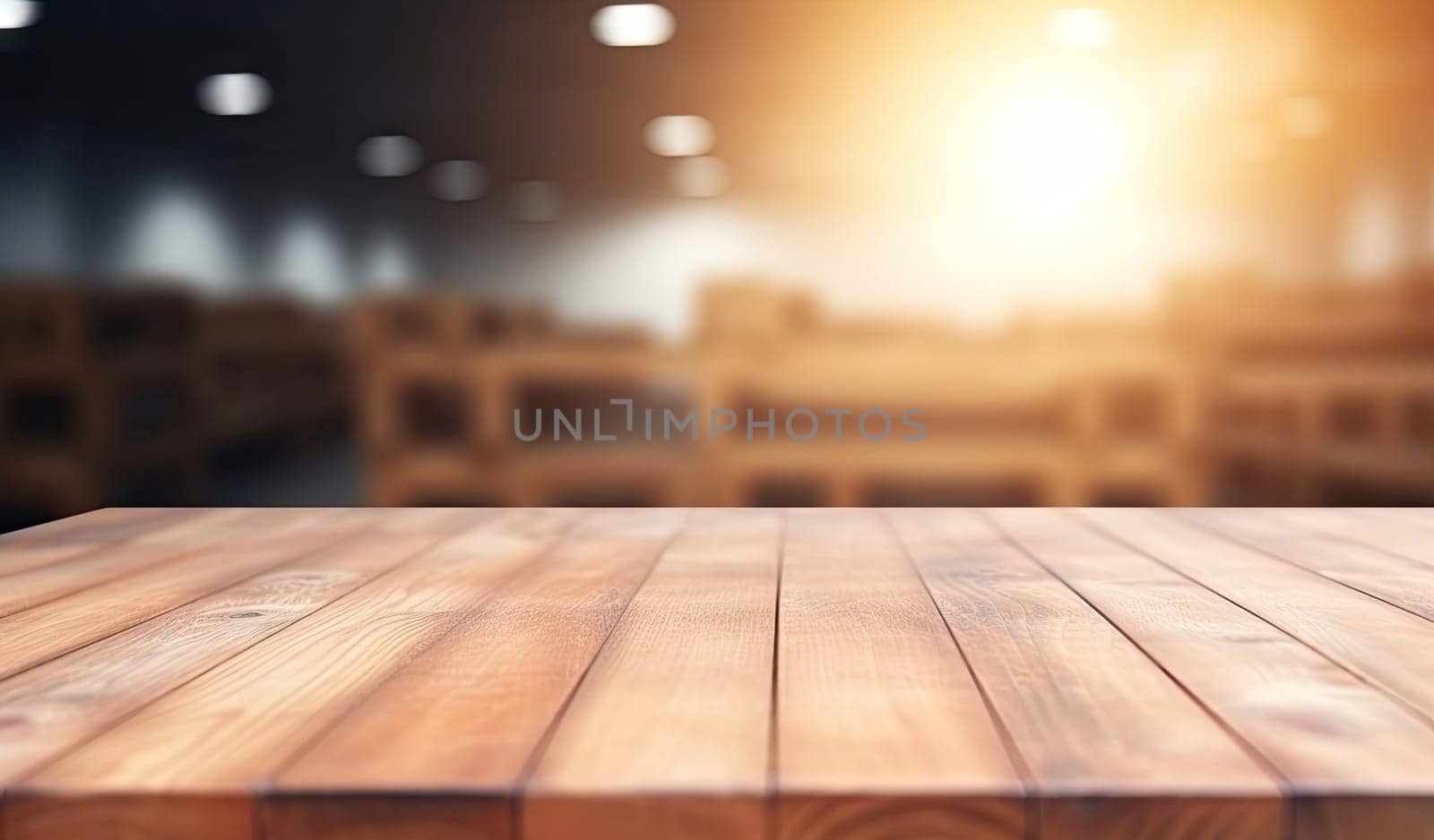 a wooden table top with a blur background of lights in the background of the table and the table top is made of wood and has a wooden surface with a. generative ai.