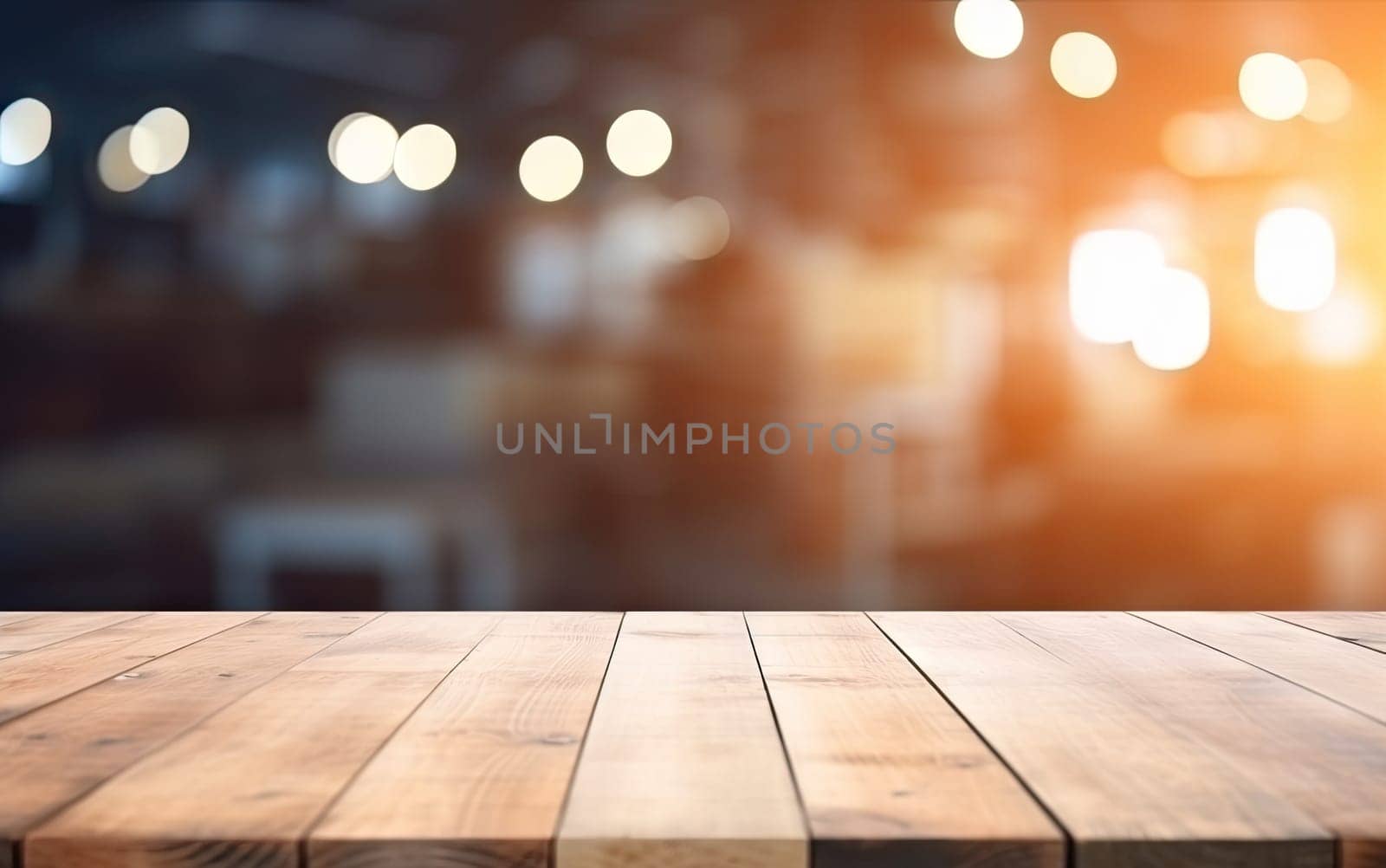 a wooden table top with a blur background of lights in the background of the table and the table top is made of wood and has a wooden surface with a. generative ai by wichayada