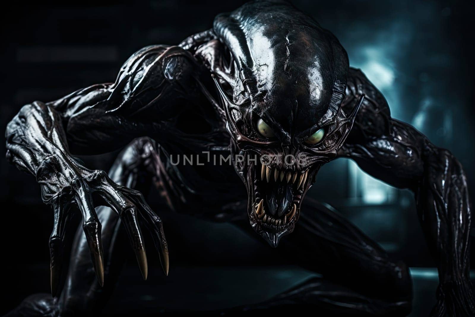 Menacing Alien Monster in Action Pose with Dramatic Dark Background.by Generative AI..