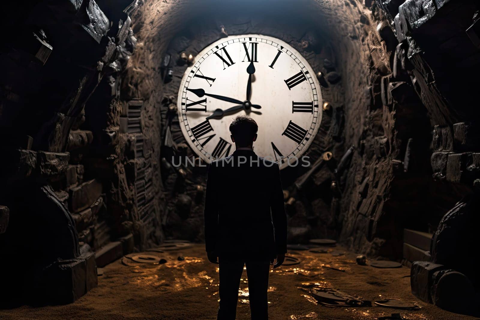 Time flies, a man from behind is standing in a large clock room, time stands still in a dark cave.by Generative AI..