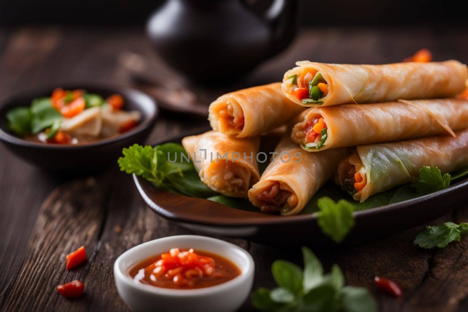 delicious ready to eat asian spring rolls in a dish over a dark wooden table, editorial style high quality photo