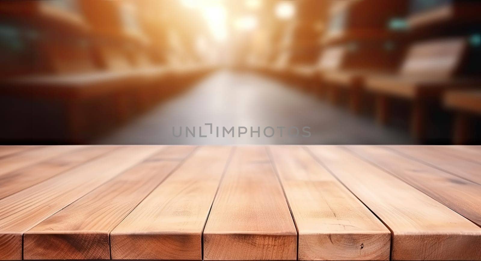 a wooden table top with a blur background of lights in the background of the table and the table top is made of wood and has a wooden surface with a. generative ai.