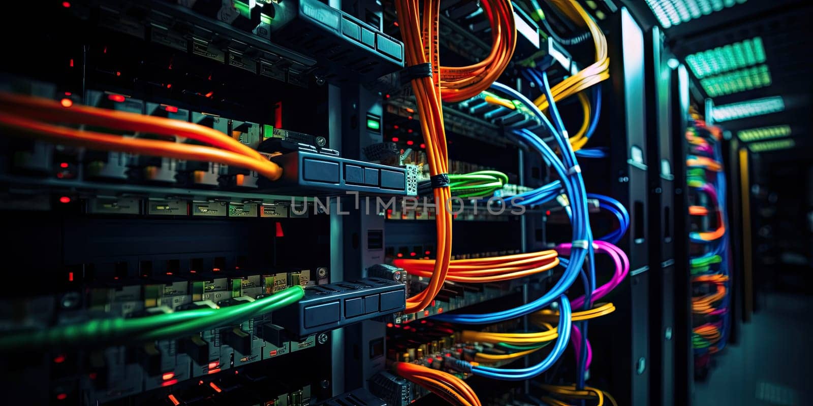 A complex set of wires and cables converge in data center where server process and transmit data around the world. Data infrastructure storage.by Generative AI. by wichayada