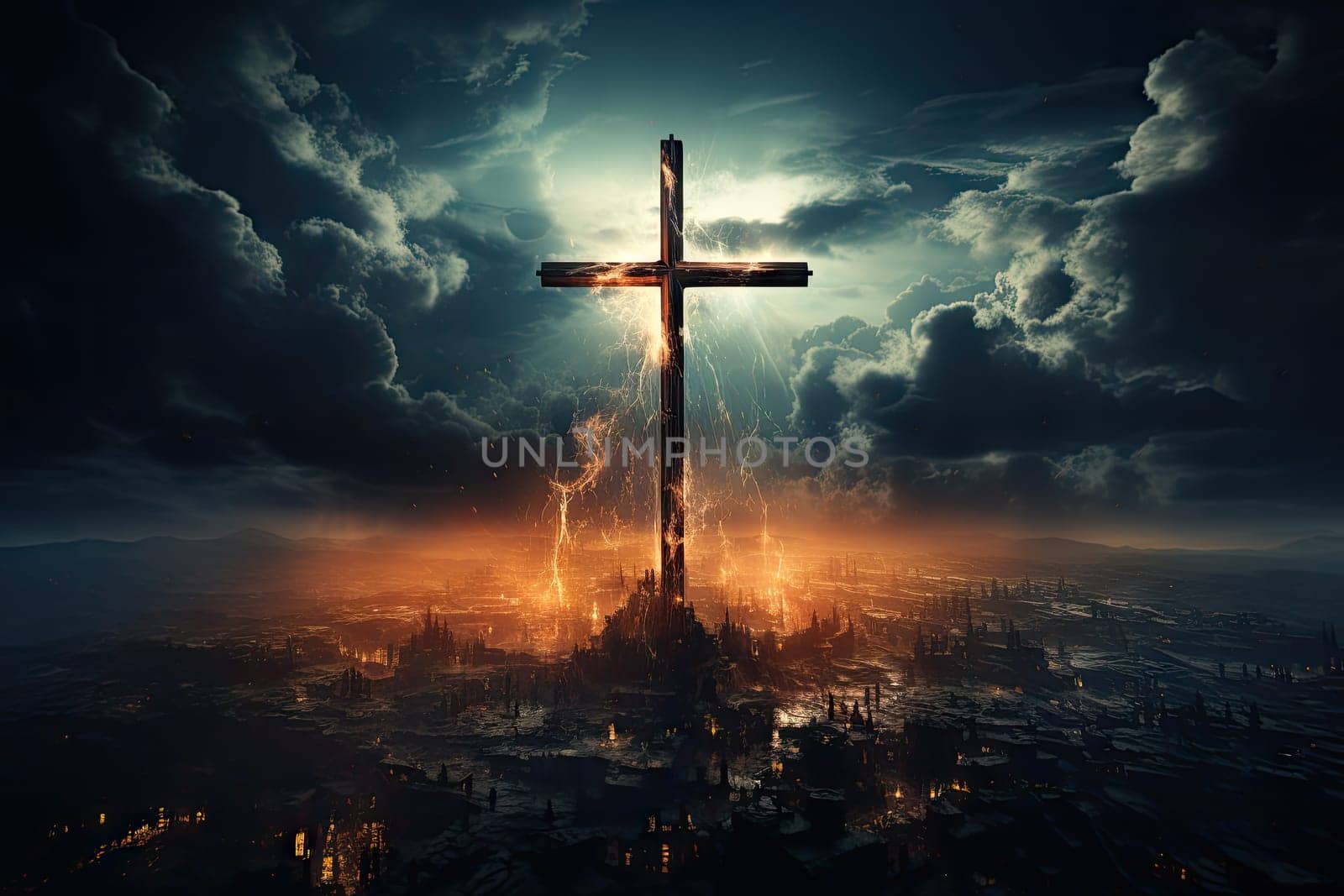 Glowing Catholic cross above the earth and surrounding clouds. Sacred and slightly surreal.by Generative AI..