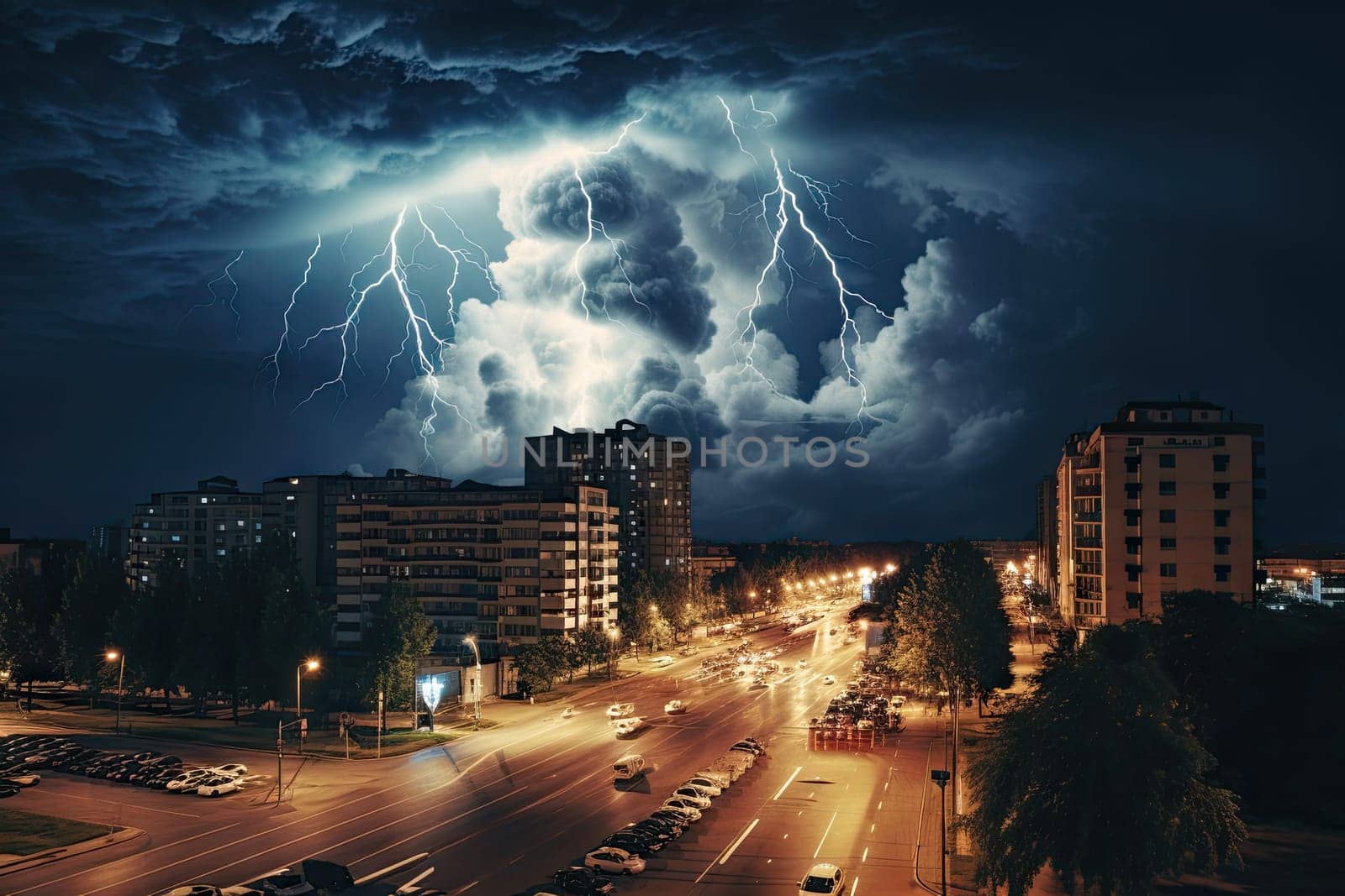 Image of thunderstorm and overcast skies in the city center by Generative AI..