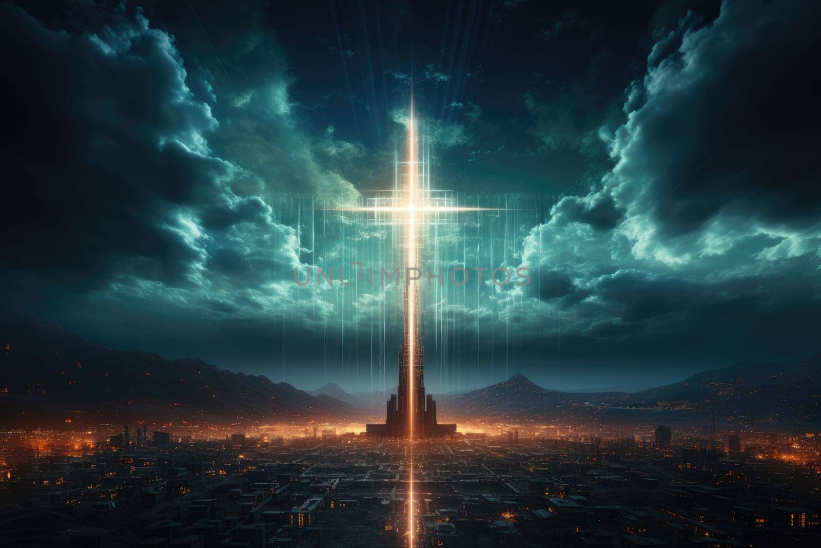 Glowing Catholic cross above the earth and surrounding clouds. Sacred and slightly surreal.by Generative AI..