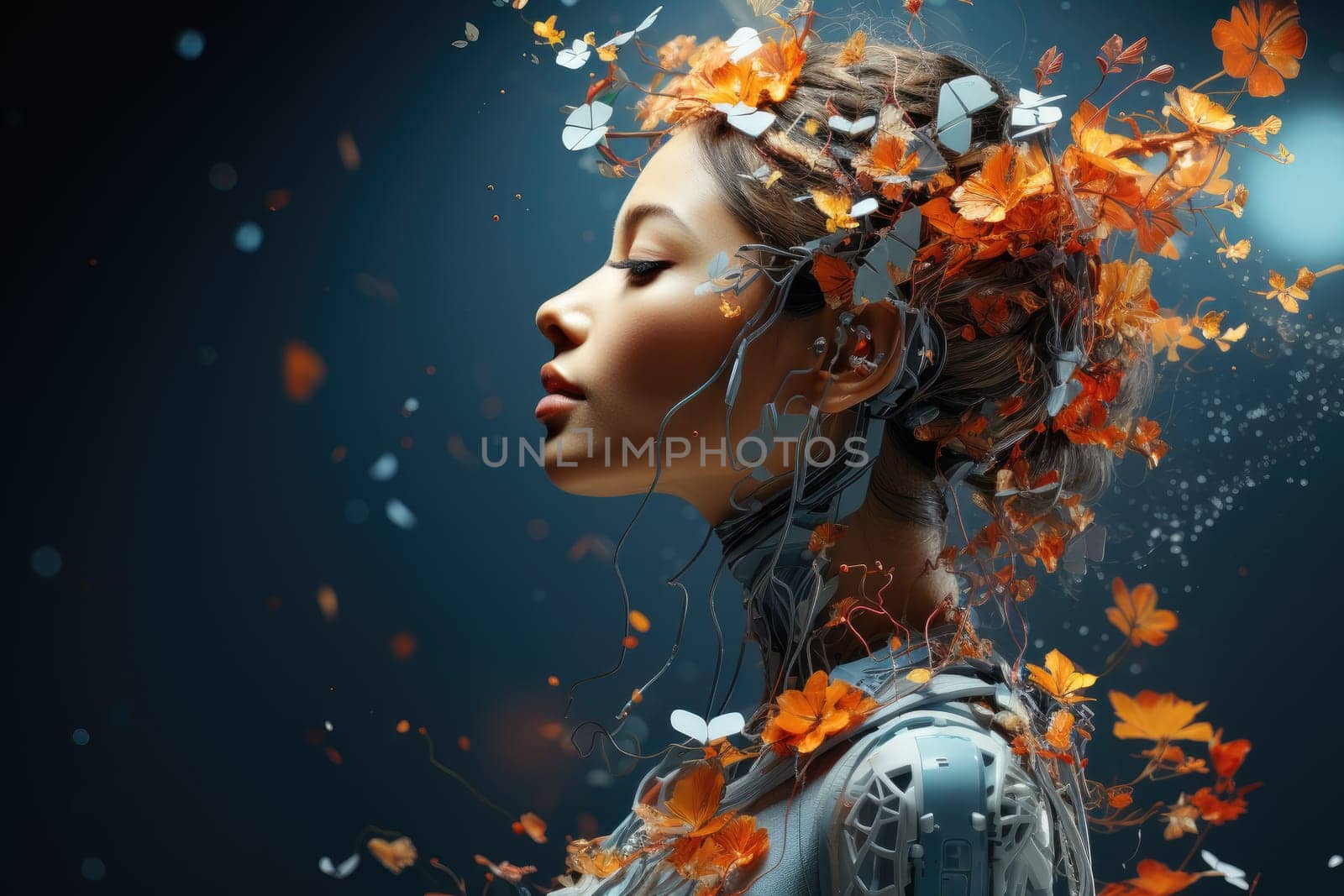 A symbolic concept image of AI technology fused with a human robot brain.by Generative AI..