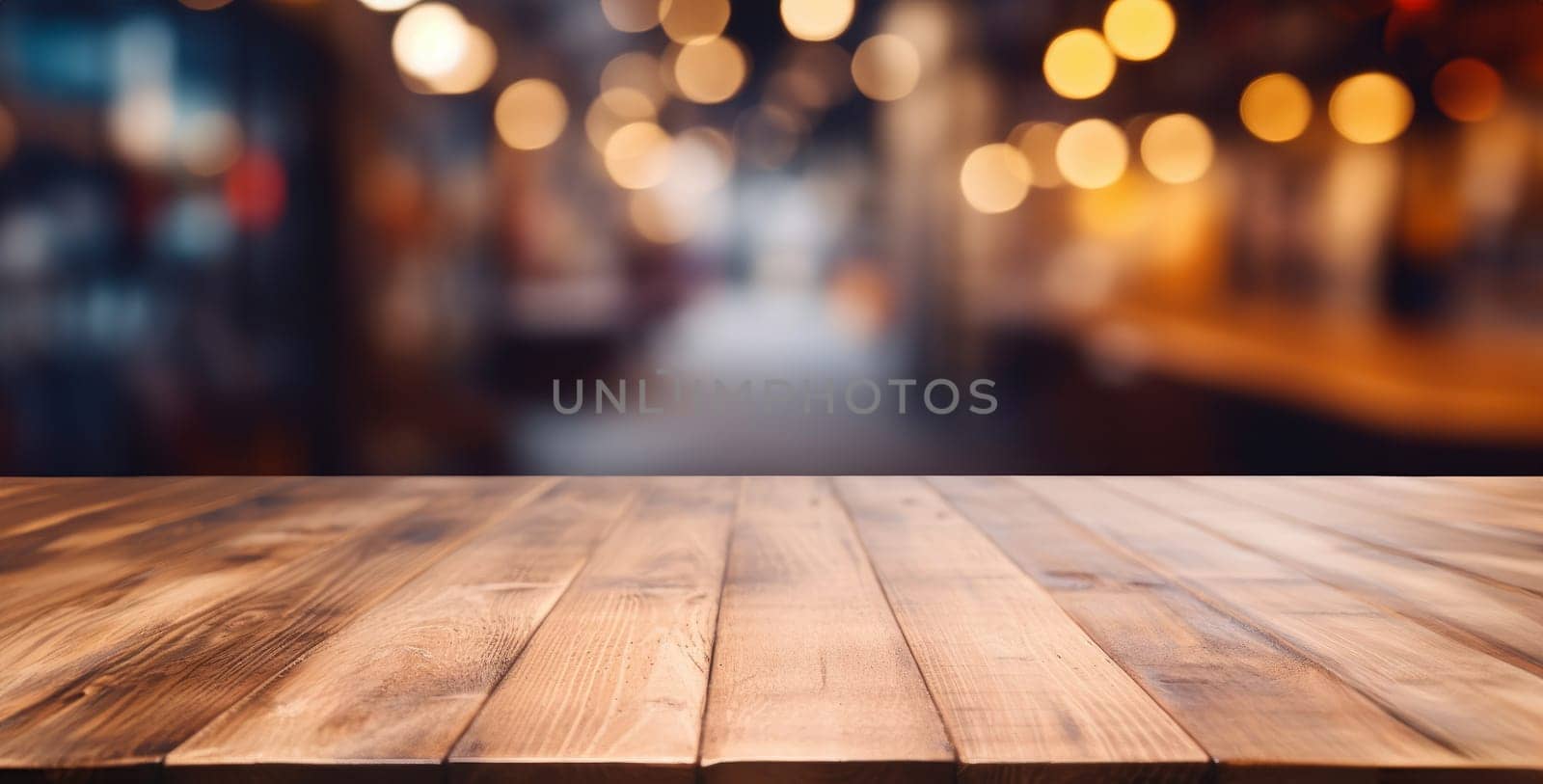 a wooden table top with a blur background of lights in the background of the table and the table top is made of wood and has a wooden surface with a. generative ai.